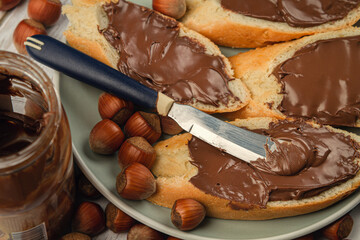 Sandwich with chocolate-nut butter. Nut butter with chocolate