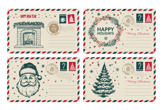 Christmas mail, postcard, hand drawn illustration.	
