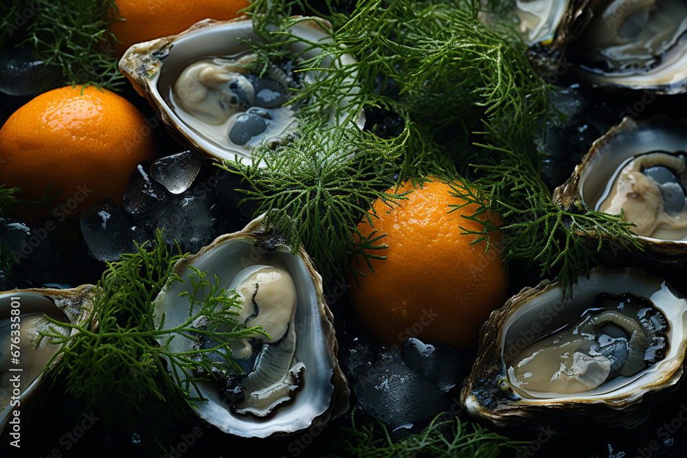 Poster a close-up of oysters arranged on a bed of seaweed, creating an aesthetic presentation that emphasiz