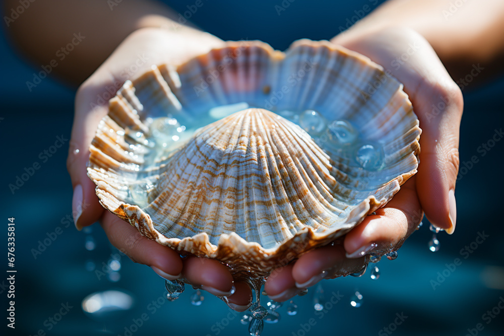 Aufkleber hand holding an oyster shell against a background of pristine blue waters, portraying the simplicity