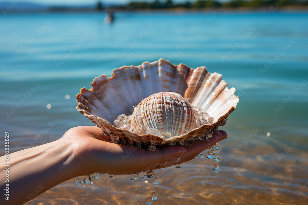 Aufkleber hand holding an oyster shell against a background of pristine blue waters, portraying the simplicity