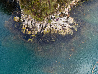 Aerial Photo of two hikers and a dog on a rock at Trieux River with clear blue water, next to the costal walk gr, Brittany, France