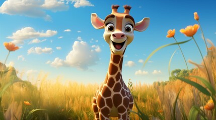 Adorable Giraffe Captured in the Serene Beauty of the Savannah: A Full-Scale Kid's Illustration