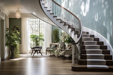 classic and timeless room with a sweeping curved staircase