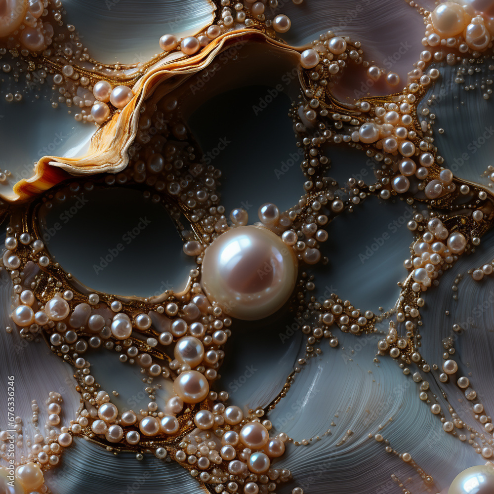 Aufkleber A close-up of a single pearl glistening within a shell against a black backdrop, emphasizing its purity and luminosity.  Pattern for tiles. 