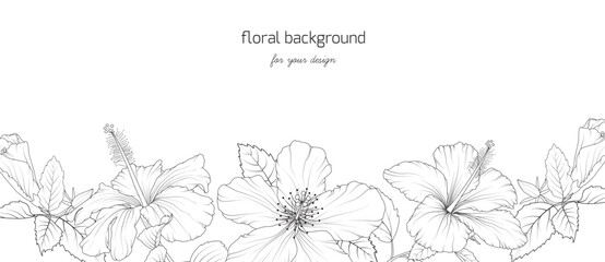 Hibiscus flowers frame. Floral border frame card template. Black and white line art vector design illustration. for bunner, wedding card. - obrazy, fototapety, plakaty