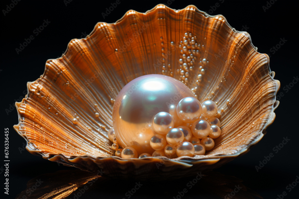 Aufkleber a close-up of a single pearl glistening within a shell against a black backdrop, emphasizing its pur