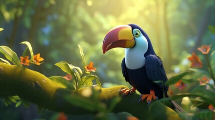Adorable Toucan Alone in the Lush Jungle: A Fun and Vibrant Kid's Illustration - obrazy, fototapety, plakaty