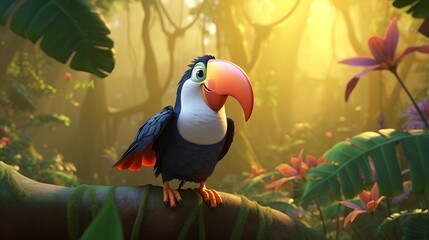 Charming Illustration of a Cute Toucan Alone in the Jungle, Perfect for Children's Content