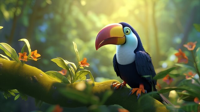 Adorable Toucan Alone in the Lush Jungle: A Fun and Vibrant Kid's Illustration