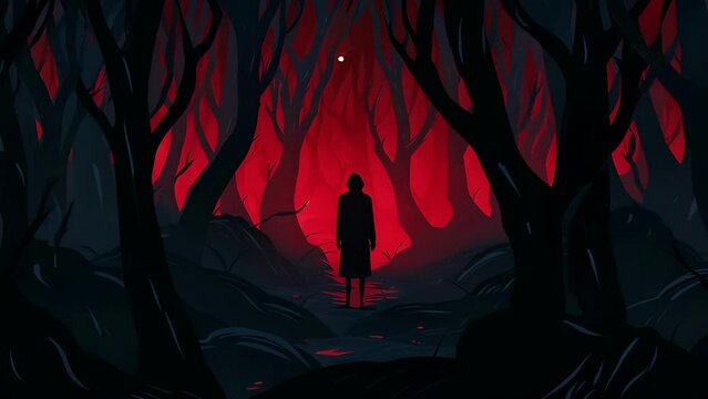 The character imagines themselves in a dark forest, encountering symbolic representations of their fears and traumas which they must diplomatically address. 2d animation