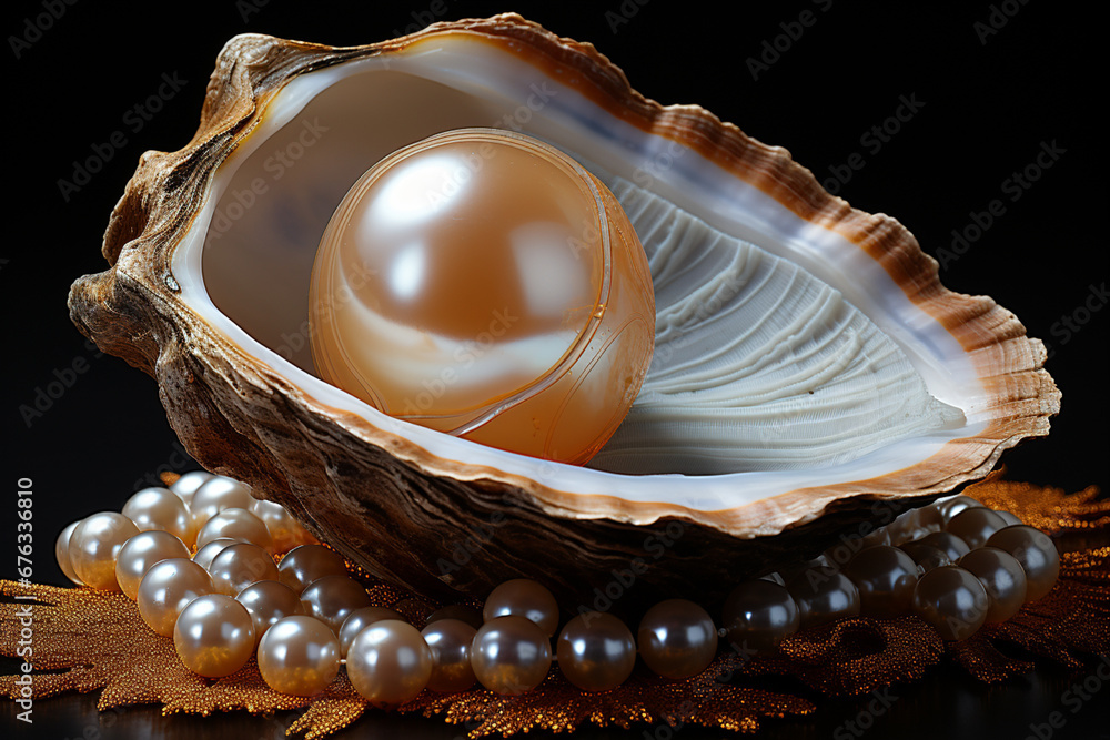 Aufkleber A close-up of a single pearl glistening within a shell against a black backdrop, emphasizing its purity and luminosity.  