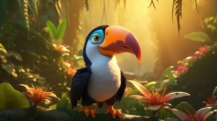 Naklejka premium Charming Kid's Illustration of a Cute Toucan Alone in a Lush Jungle Featuring Flora and Fauna