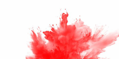 Abstract texture of exploding powder colorful red color, isolated on white background. Bright red holi paint color powder festival explosion burst isolated white background. industrial print concept 