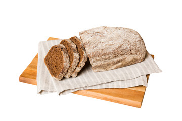 Assortment of freshly sliced baked bread with napkin isolated on white background. Healthy unleavened bread. French bread slice