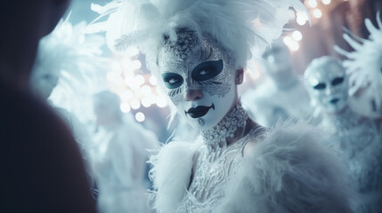 Elegant white woman masquerade Carnival celebration in Venice with masked participants in traditional costumes. Enigmatic, mystery woman in white dress and black lines mackup. Carnival luxury