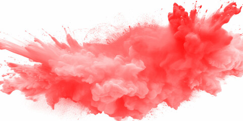 Abstract texture of exploding powder colorful red color, isolated on white background. Bright red holi paint color powder festival explosion burst isolated white background. industrial print concept 