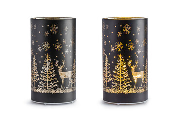 Lanterns, one turned on. Lanters depict forest winter animal motif, falling snow and a Christmas...