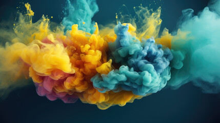 Dynamic yellow and blue smoke clouds mingling in an abstract dance, yellow and blue smoke clouds