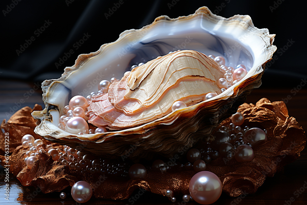 Poster a photograph of a pearl in its early stages of formation within a shell, capturing the intricate pro