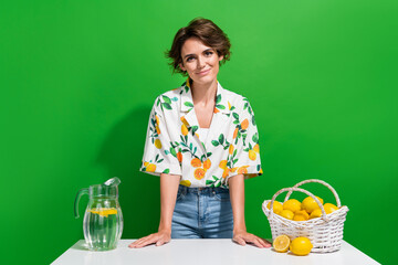 Photo of young girl cooking easy receipt summer best cocktail water with lemons collect ripe fruits...