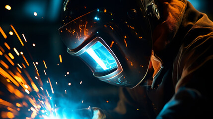 very extreme close up with wide angle lens of a welder welding a piece of metal almost black background - obrazy, fototapety, plakaty