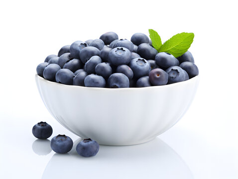 Fresh ripe blueberries in a white bowl isolated on white background 