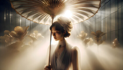 A cinematic shot of an Asian woman gracefully holding an umbrella.