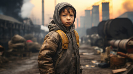 In a striking contrast, an Asian child stands near a factory, a visual plea against child labor practices.