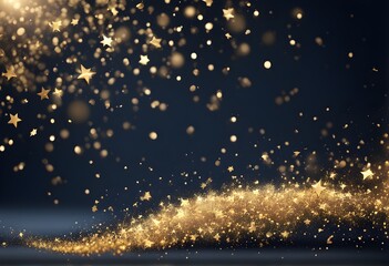 Abstract dark blue background with particles and golden shiny star dust. Christmas feeling. A navy blue backdrop adorned with a shimmering cascade of golden light, creating a captivating bokeh effect.