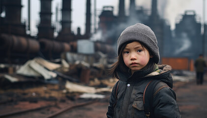 an Asian child and a factory, a call to action against the harsh reality of child labor.