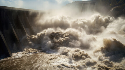 Catastrophic dam failure a torrential flood wreaks havoc, a scene of nature's force unleashed.