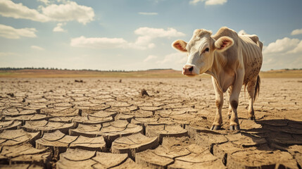 a thin cow on parched ground symbolizing the harsh reality of water scarcity in third-world countries. - obrazy, fototapety, plakaty