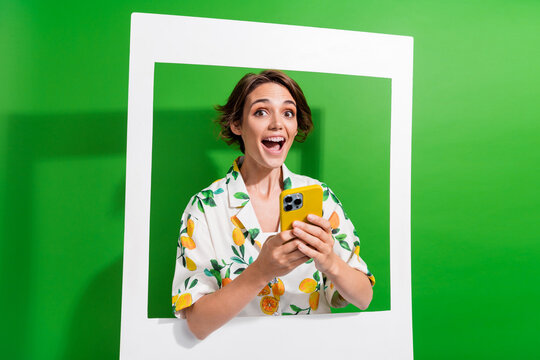 Photo of charming excited lady wear print shirt taking photo chatting modern device isolated green color background