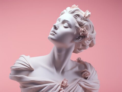 Gypsum female head Sculpture with pink pastel background. Statue of elegant Woman in profile from sculptural or clay plasticine. Modern trendy aesthetic y2k style for collage and decorations.