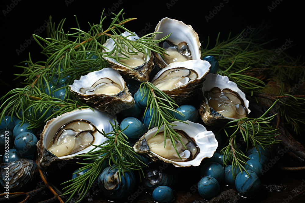 Poster a close-up of oysters arranged on a bed of seaweed, creating an aesthetic presentation that emphasiz