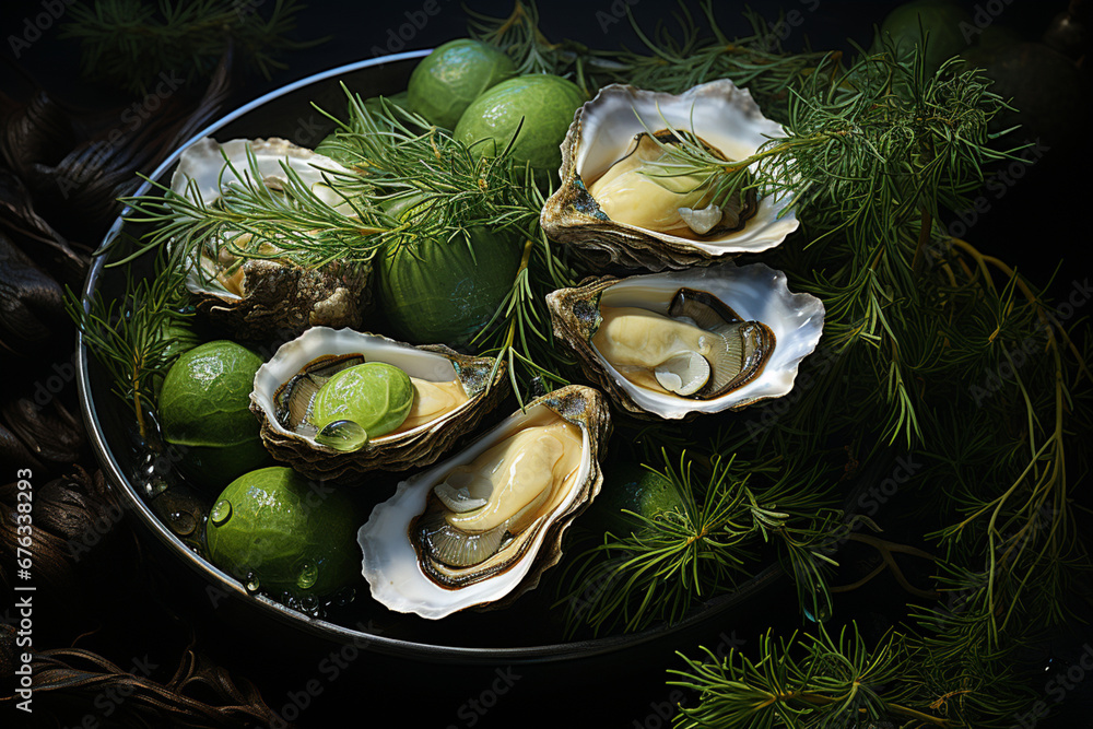 Poster a close-up of oysters arranged on a bed of seaweed, creating an aesthetic presentation that emphasiz
