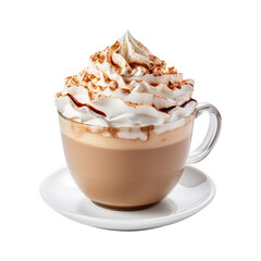 cup of hot coffee with whipped cream isolated on transparent background Remove png, Clipping Path - obrazy, fototapety, plakaty