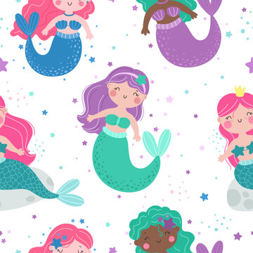Seamless pattern with cute cartoon mermaids, children's vector pattern in flat style.