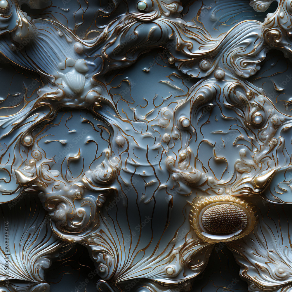 Aufkleber A close-up of a single pearl glistening within a shell against a black backdrop, emphasizing its purity and luminosity.  Pattern for tiles. 