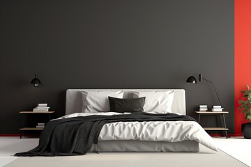 Modern bedroom interior with dark walls, wooden floors and a king-sized bed
