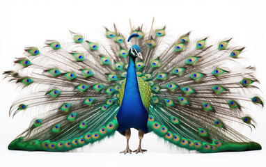 Fototapeta premium Side view of a male peacock showing beautifully spread tail feathers, white background.