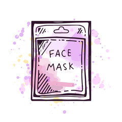 Hand-drawn face mask in a package, beauty cosmetic element, self care. Illustration on a watercolor pastel background with splashes of paint. Useful for beauty salon, cosmetic store. Doodle sketch.