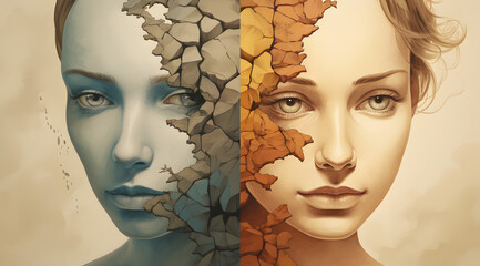 Artistic depiction of bipolar disorder, illustrating the duality of emotional states.