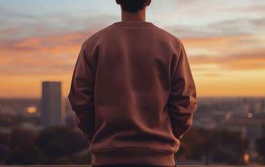 Back view of a man wearing sweatshirt standing on a high place with sky and city blurred background - obrazy, fototapety, plakaty