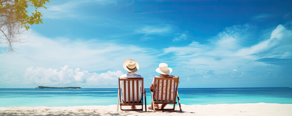 retirment happiness, Senior couple sitting on beach chairs on sunny beach. rear view.