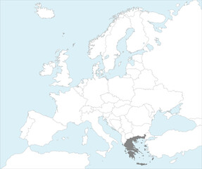 Gray CMYK national map of GREECE inside detailed white blank political map of European continent on blue background using Mollweide projection