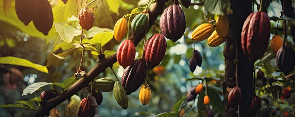 Zelfklevend Fotobehang Cacao group pods on plant trees. © Milan