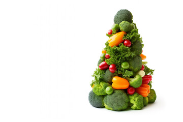 Edible Christmas tree shaped vegetable on white background for holiday seasonal festive party celebration with healthy food decoration. Christmas tree made of healthy food, top view with copy space. 