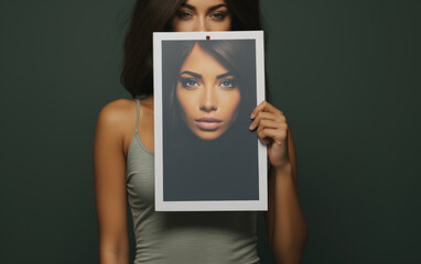 Young woman holding placard on isolated grey background